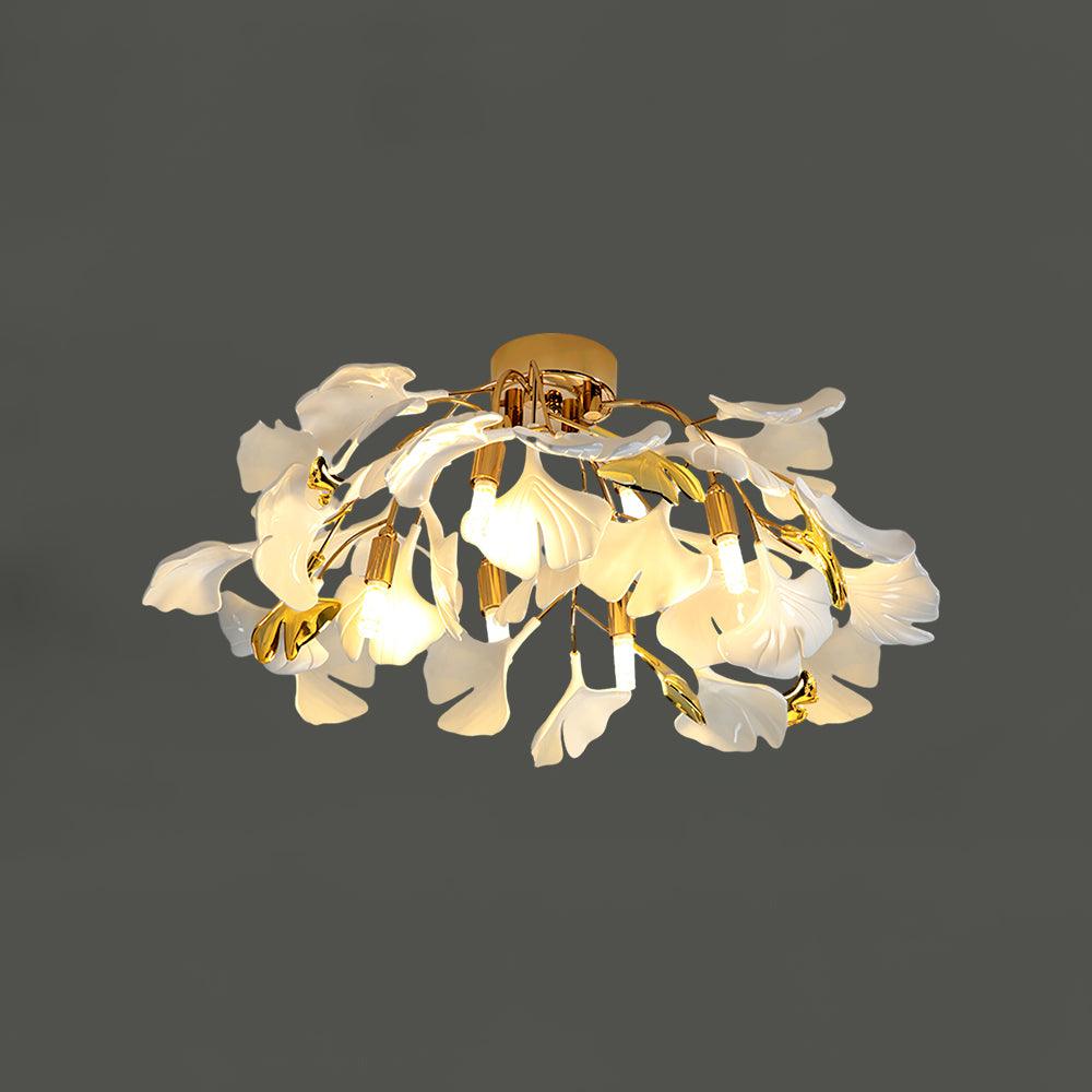 Frosted Glass Leaves And Gold Base Ginkgo Bloom Ceiling Light